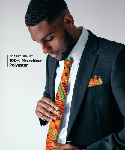 Vista 42 de Juego de corbata Kente con estampado africano y animal y pañuelo de bolsillo a juego