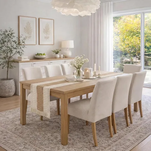 Vista 5 de Decoración de Granja Camino de Mesa Bohemio con Macramé, Elegante Camino de Mesa de Café Beige Marrón 48 Pulgadas de Largo, Decoración Rústica