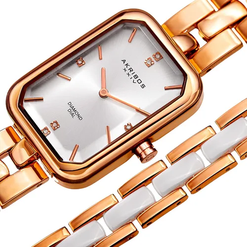 Vista 2 de Akribos XXIV - Reloj rectangular de diamantes para mujer con pulsera de joyería a juego AK995