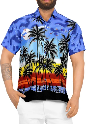 Vista 4 de LA LEELA Camisa hawaiana con botones y manga corta para hombre, diseño de calavera caribeña pirata