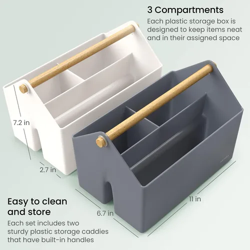 Vista 3 de ARTEZA Organizador portátil de plástico para manualidades, paquete de 2, gris y marfil, cesta de plástico de 3 secciones con asa, organizador