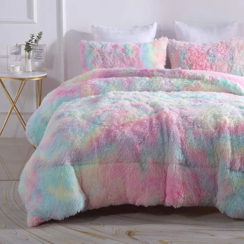 Vista 18 de Wajade Juego de edredón de felpa de pelo sintético teñido anudado negro, juego de ropa de cama mullido y peludo, juego de edredón de microfibra