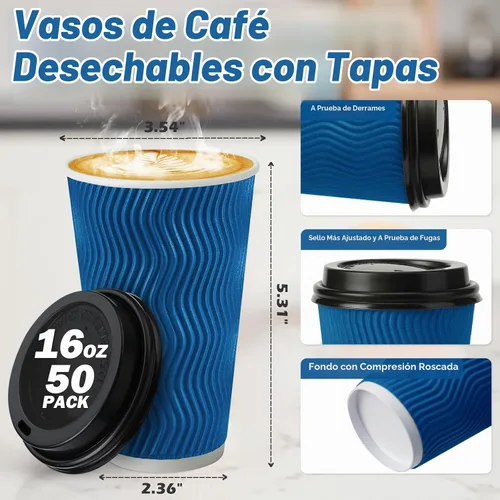 Vista 2 de Tazas de café de papel desechables aisladas de 16 onzas con tapas Azul marino