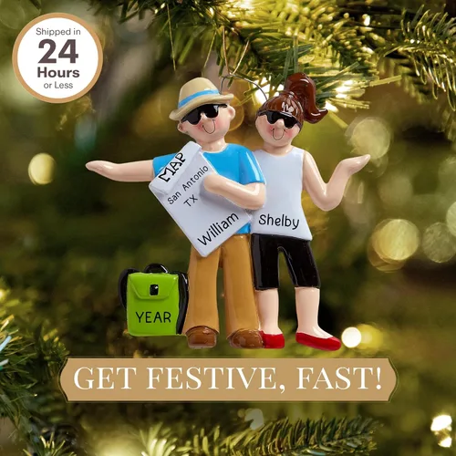 Vista 2 de Adorno personalizado para parejas de autostop 2026 Adornos de Navidad de viaje personalizados 24 horas, grabado con láser, regalo de recuerdo