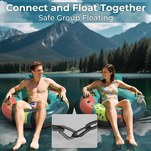 Vista 7 de Flotador de tubo de río resistente de 53 pulgadas para adultos, flotador inflable para piscina, lago y playa con portavasos incorporados, respaldo