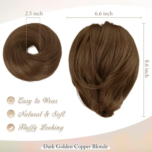 Vista 6 de BARSDAR Extensión de moño de cabello rubio cobre dorado oscuro liso + 2 piezas de cabello castaño medio marrón desordenado