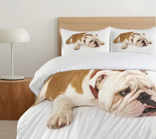 Vista 5 de Ambesonne Juego de funda de edredón de Bulldog inglés, Bulldog triste y cansado, fotografía de animales de raza pura europea, juego de cama