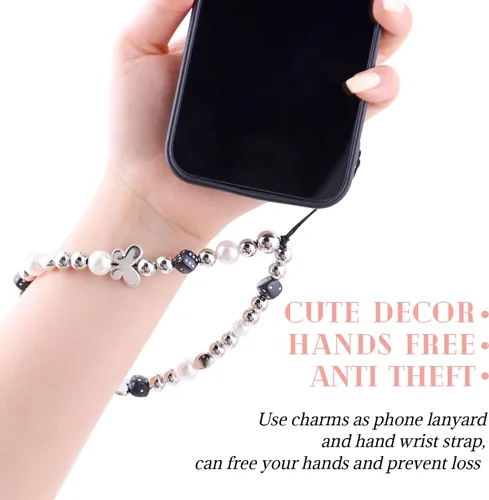Vista 4 de 4 piezas de lindos encantos para teléfono con estilo Y2K, correa de muñeca para celular con cuentas brillantes, oso, cruz, corazón, accesorios