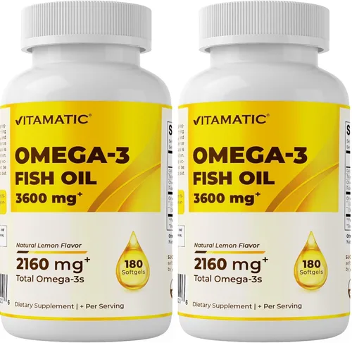 Vista 9 de Vitamatic Aceite de pescado Omega 3 de triple fuerza, 3600 mg por porción, 2160 mg de ácidos grasos Omega 3, 1296 mg de EPA + 864 mg de DHA, sabor a