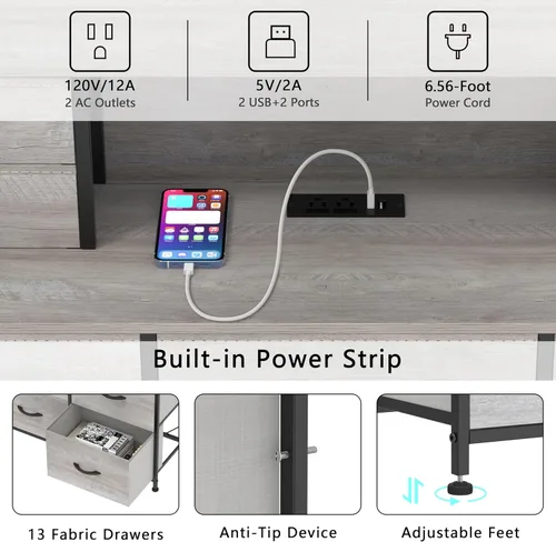 Vista 8 de Cómoda gris con tomas de corriente y luces LED, 13 cajones largos para dormitorio, cómoda de tela de piel sintética para sala de estar, pasillo