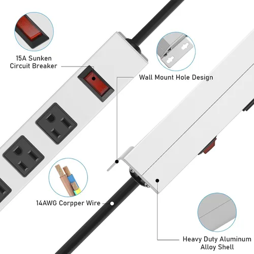 Vista 4 de JUNNUJ Regleta de Alimentación de Metal de 12 Tomas, Regleta de Alimentación Resistente Montable, Protector de Sobretensiones de 1200J con Tornillos