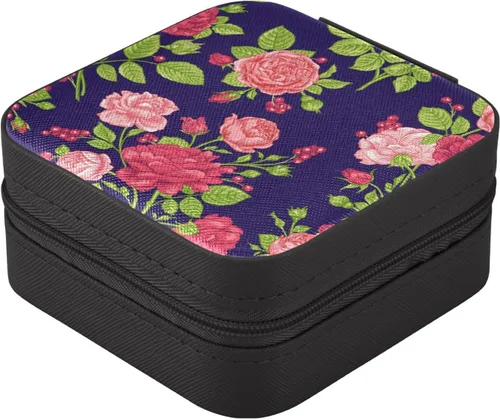 Vista 2 de WELLDAY Jewelry Box Pink Roses on Dark Portable Travel Jewelry Case Organizer Bag Storage Box for Necklace, Earrings, Rings, Bracelet
