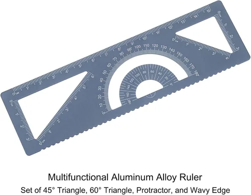 Vista 2 de HARFINGTON Regla geométrica recta de 5.9 in, regla métrica de aleación de aluminio, borde ondulado con triángulo, herramienta de medición