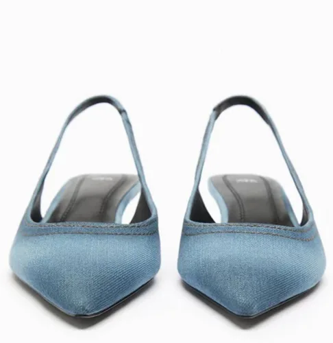 Vista 3 de WENOREG Zapatos de tacón puntiagudo para mujer, cómodos zapatos de tacón bajo de mezclilla, correa trasera elástica, sexy, sin cordones