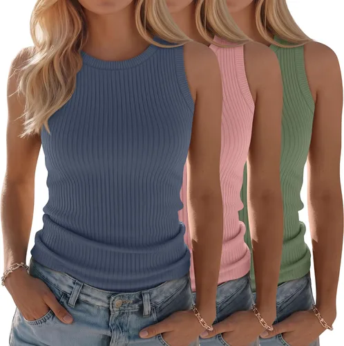Vista 11 de Paquete de 3 camisetas sin mangas de algodón para mujer, de punto acanalado, casuales, básicas, de cuello redondo, ajustadas, de verano, con espalda