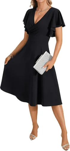 Vista 4 de LYANER Vestido de cóctel de manga corta con volantes y cuello en V, de línea A, con vuelo y estilo midi para mujer Negro puro