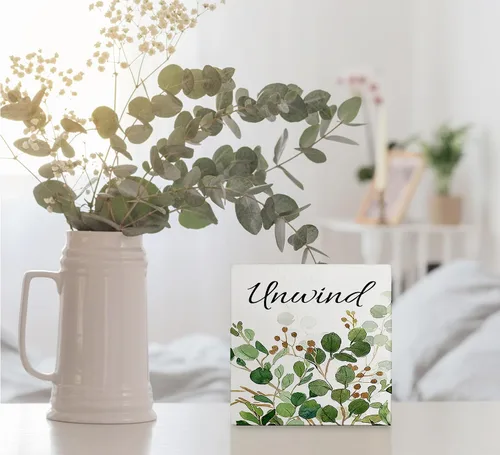 Vista 5 de Decoración de baño de granja verde salvia, letrero de caja de madera con frase "Breathe Quotes", decoración de estantes, artículos pequeños de Unwind