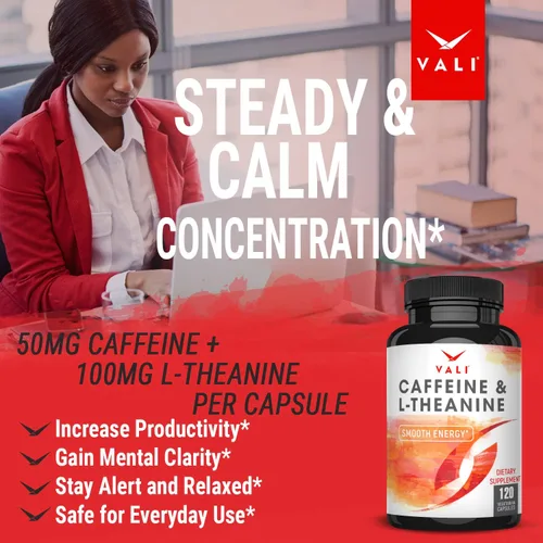 Vista 5 de VALI Cafeína 50mg y L Theanine 100mg - Píldoras de cafeína y L-Teanina para energía inteligente y enfocada y suplemento de concentración. Nootrópico