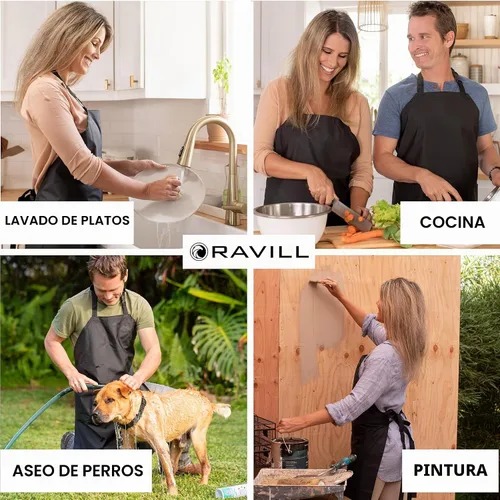 Vista 4 de Ravill Delantal impermeable para hombres y mujeres, delantales de trabajo multiusos de 35 pulgadas para lavavajillas, aseo de perros, limpieza Negro