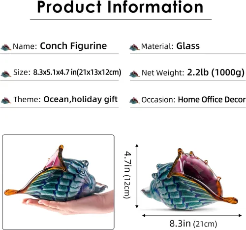 Vista 2 de EUSTUMA Adorno de figuras de caracolas de vidrio soplado a mano, adorno de animales marinos para decoración del hogar, colección de animales marinos