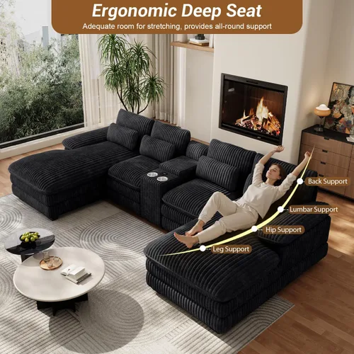 Vista 6 de Sofá seccional en forma de U de 132 pulgadas, mullido y afelpado de pana de 4 asientos, sofás seccionales color negro para sala de estar, cómodo