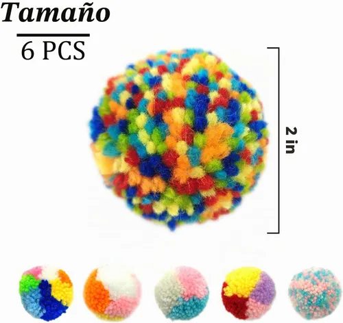 Vista 2 de Andiker 6 piezas de juguetes de bolas de gato de colores surtidos, hilo de lana, bolas de pompón para gatos, juguetes interactivos para perseguir