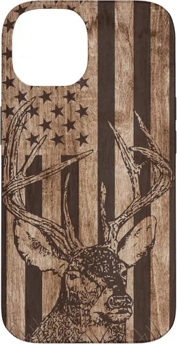 Vista 4 de Funda de madera para iPhone 16 con diseño de ciervo de cola blanca para caza cazador de bandera estadounidense