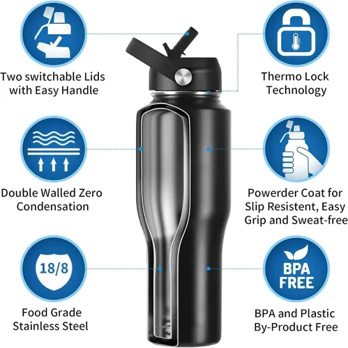 Vista 5 de Botella de agua de 32 onzas aislada con popote, botellas de agua a prueba de fugas, botella de agua para hombre, acero inoxidable para gimnasio