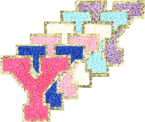 Vista 31 de 6 piezas de parches de letras de chenilla autoadhesivas con purpurina para planchar, parches de letras universitarias estilo preppy, letras difusas