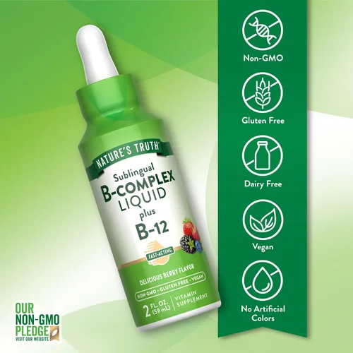 Vista 3 de Nature's Truth Sublingual B Complex con B12 2 onzas líquidas Sabor a bayas Suplemento vegano, sin OMG y sin gluten