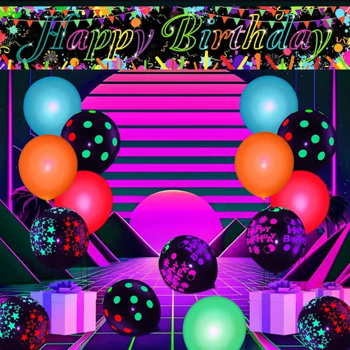 Vista 2 de Decoraciones de cumpleaños de neón – Cartel de fiesta brillante para patio y 20 globos que brillan en la oscuridad