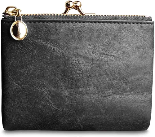 Vista 3 de Monedero para mujer pequeño con cremallera y bloqueo de beso, cartera Rfid, S, Gris