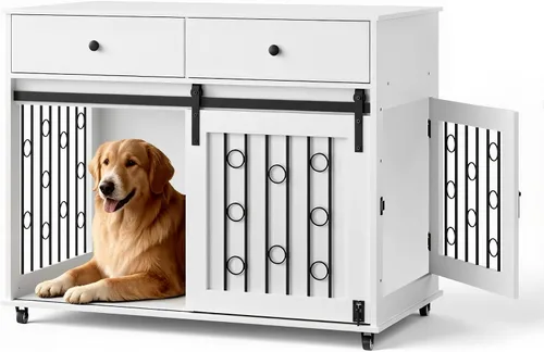 Vista 9 de Mueble moderno de madera para perros con cajones dobles y puerta corrediza de granero, mesa auxiliar decorativa para perrera con ruedas