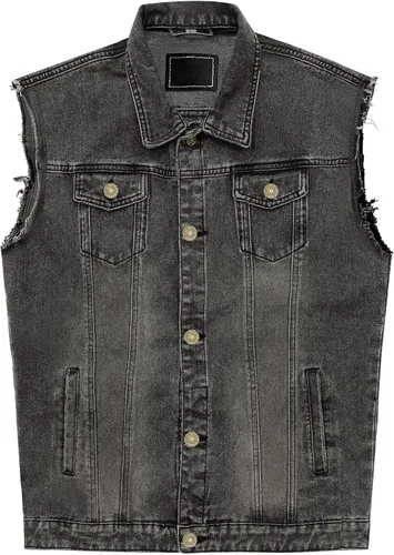 Vista 6 de JYG Chaleco de mezclilla para hombre, casual, elástico, estilo camionero, chalecos, a la moda, vintage, sin mangas, chaleco