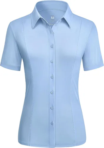 Vista 10 de Camisas con botones para mujer, elásticas, de manga corta, con cuello, sin arrugas, básica, de negocios, blusa de trabajo