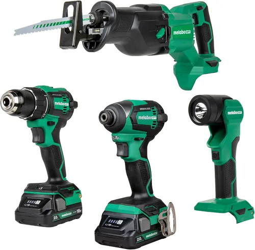 Vista 2 de Metabo HPT Taladro Percutor Inalámbrico MultiVolt™ de 18V, Destornillador de Impacto, Sierra Recíproca, y Linterna Kit Combinado de 4 Piezas