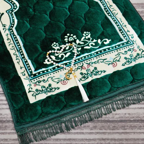Vista 6 de Alfombra de oración musulmana con cuentas de oración Tasbih, suave y grande para oración islámica mate, alfombrilla de oración islámica acolchada