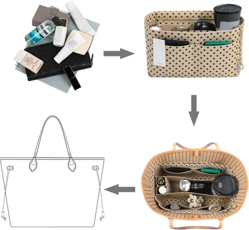 Vista 7 de Organizador de bolso organizador de fieltro con cremallera e inserto inferior cosido ajuste Speedy Neverfull Gracefull bolso 6 tamaños M lunares