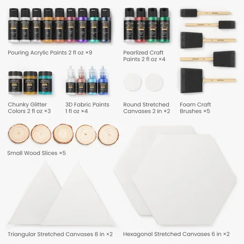Vista 2 de Arteza Kit de pintura acrílica para verter, 36 piezas, pintura brillante e iridiscente, pintura perlada, pintura de tela 3D, purpurina gruesa