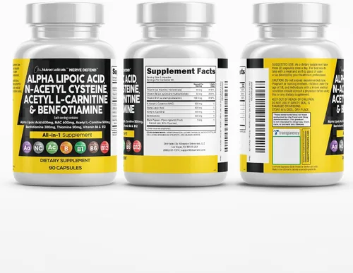 Vista 9 de Ácido alfa lipoico 600 mg N-acetil cisteína 600 mg acetil L-carnitina 500 mg Benfotiamina 300 mg - Suplemento de apoyo nervioso para mujeres