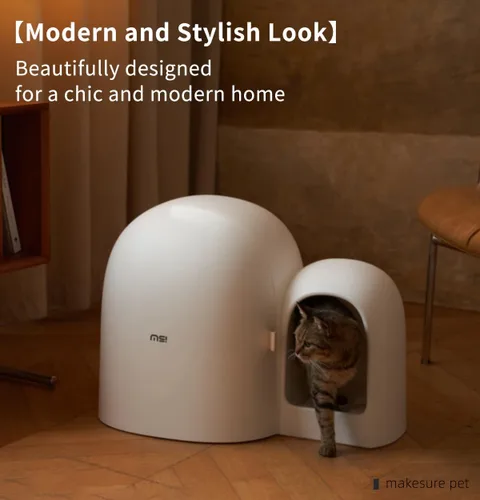 Vista 6 de MS!MAKE SURE Caja de arena para gatos MAX, caja de arena cerrada con cuchara, elegante y funcional para gatos de interior, té con leche