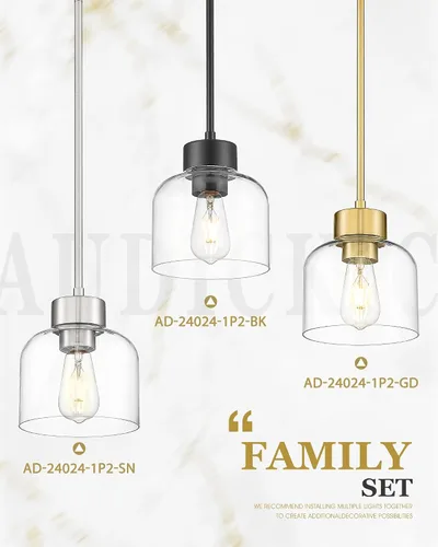 Vista 7 de Luces Colgantes Negras para Isla de Cocina, Accesorios de Luces Colgantes de 7" con Pantalla de Vidrio Transparente, Iluminación Colgante Moderna