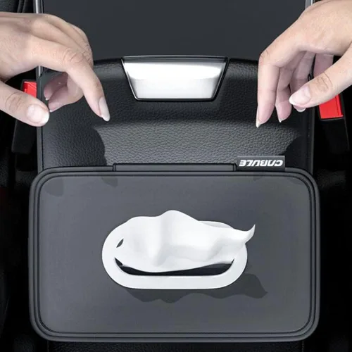 Vista 5 de Soporte para pañuelos de coche, caja de servilletas de tejido de cuero PU, caja de reposabrazos de automóvil, organizador rectangular de servilleta