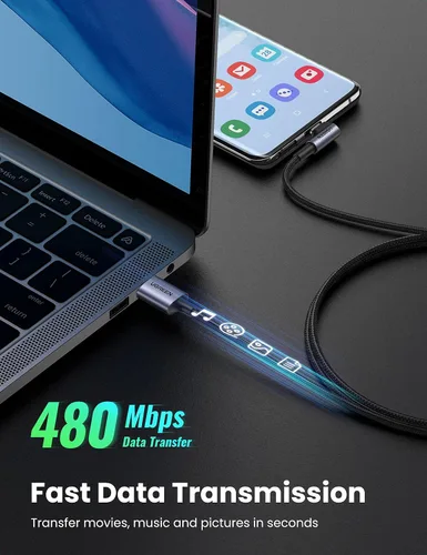 Vista 4 de UGREEN Cable USB C de ángulo recto, cable USB A a USB C de 90 grados tipo C compatible con iPhone 16/16 Plus/16 Pro/16 Pro Max/15, Galaxy