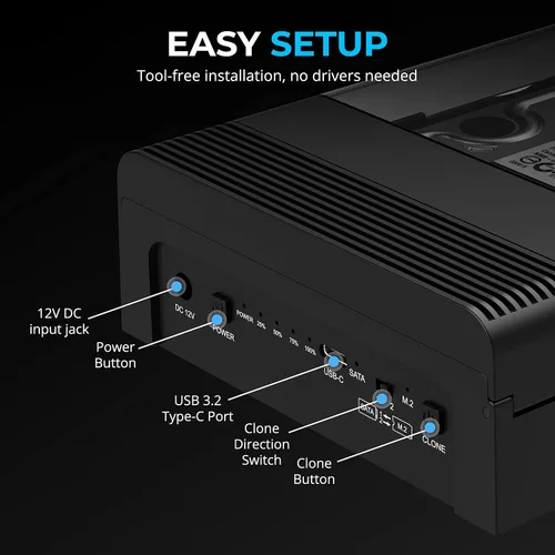 Vista 6 de SABRENT Lay Flat NVMe y SATA HDD/SSD Dock, USB-C 10Gbps (DS-UFNC)