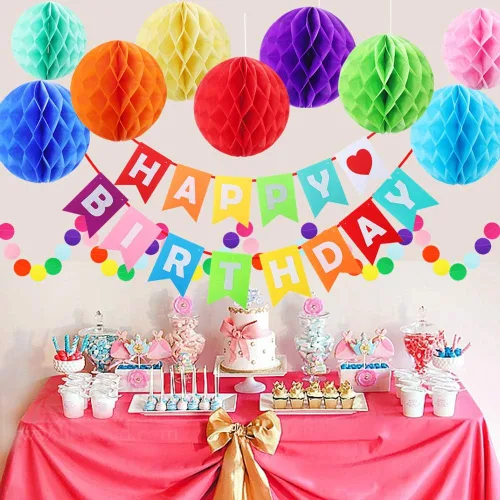 Vista 5 de Decoraciones de pancarta de feliz cumpleaños, juego de decoraciones de cumpleaños de arcoíris, banderas de papel con 9 bolas de panal y guirnalda