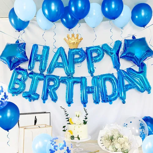 Vista 2 de [Usado] HiParty 23 piezas de guirnalda de globos de cumpleaños, guirnalda de letras 3D azul de mylar de aluminio ecológico premium con 5 piezas