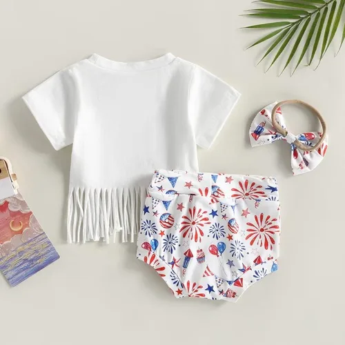 Vista 7 de Conjunto de ropa para bebÃ© niÃ±a del 4 de julio, camisa con flecos, blusa con borlas y diadema corta