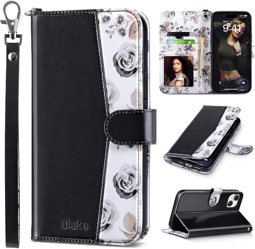 Vista 37 de ULAK Funda tipo billetera compatible con iPhone 15 para mujeres, funda tipo cartera con estampado floral de piel PU premium con porta tarjetas