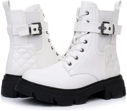 Vista 2 de GLOBALWIN Botas de combate para mujer, botines con cordones, cómodas botas de suela de lengüeta para mujer, tacón bajo grueso
